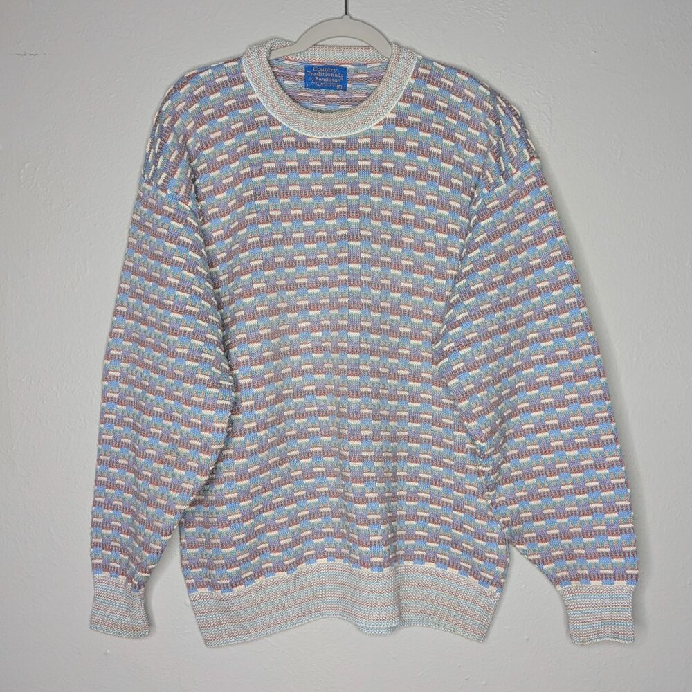 VTG Pendleton 3D Knit Textured Blue Cream Patterned Chunky Knit Sweater